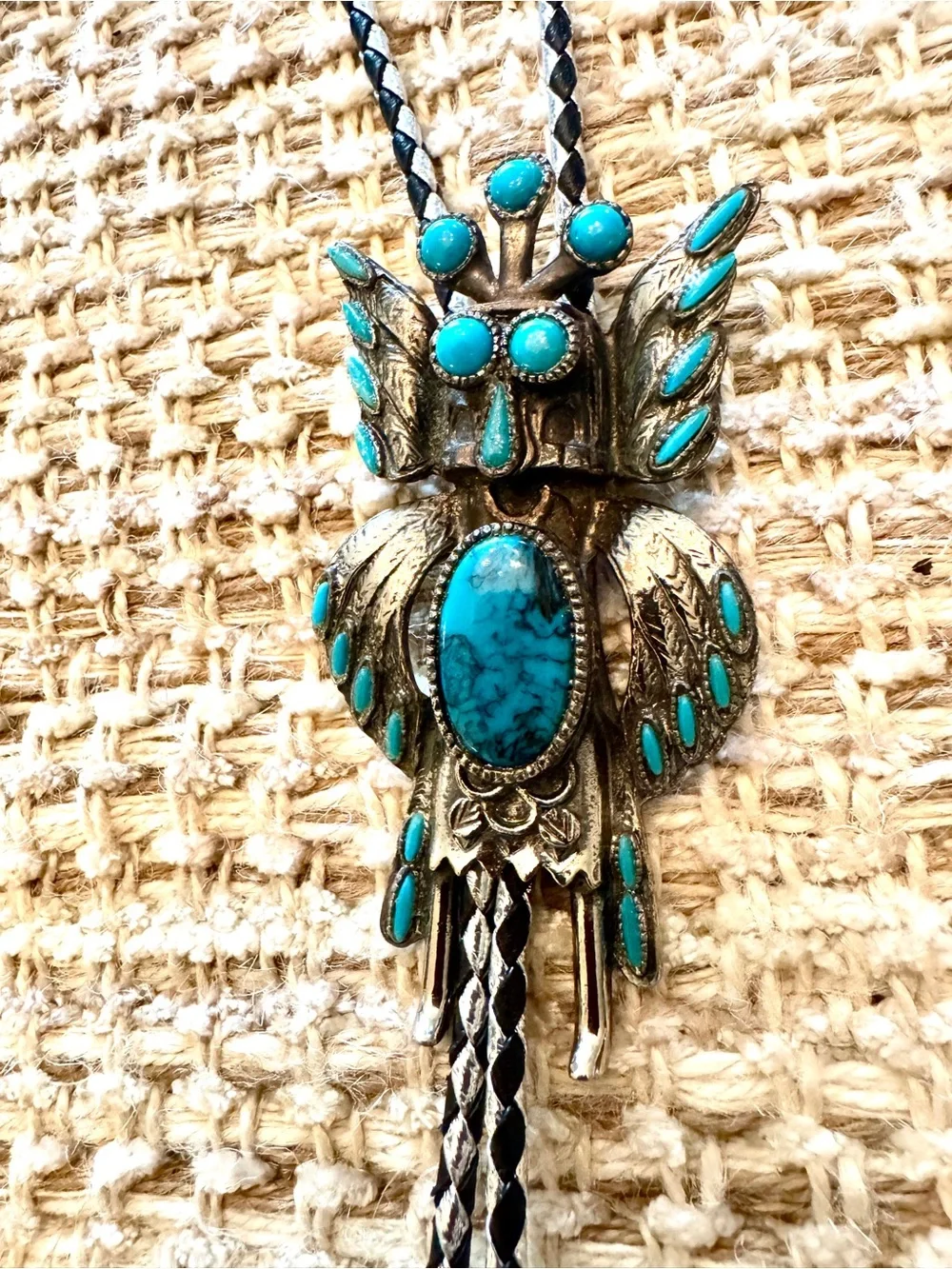 Vintage Sancrest Horned Owl Kachina Dancer Bolo Tie Faux Turquoise 1950s